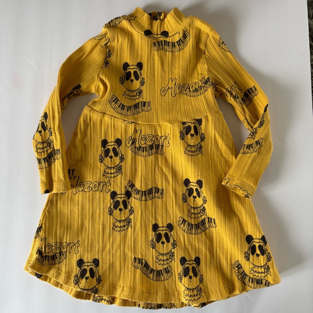 Mini Rodini Mustard Yellow Mozart Panda Piano Keyboard Novelty Print Dress 12-18